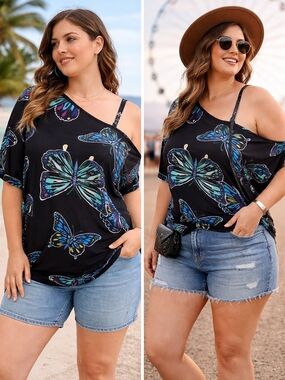 Y2K Butterfly One Shoulder Top 1X Boho Fairy Grunge Asymmetrical Statement